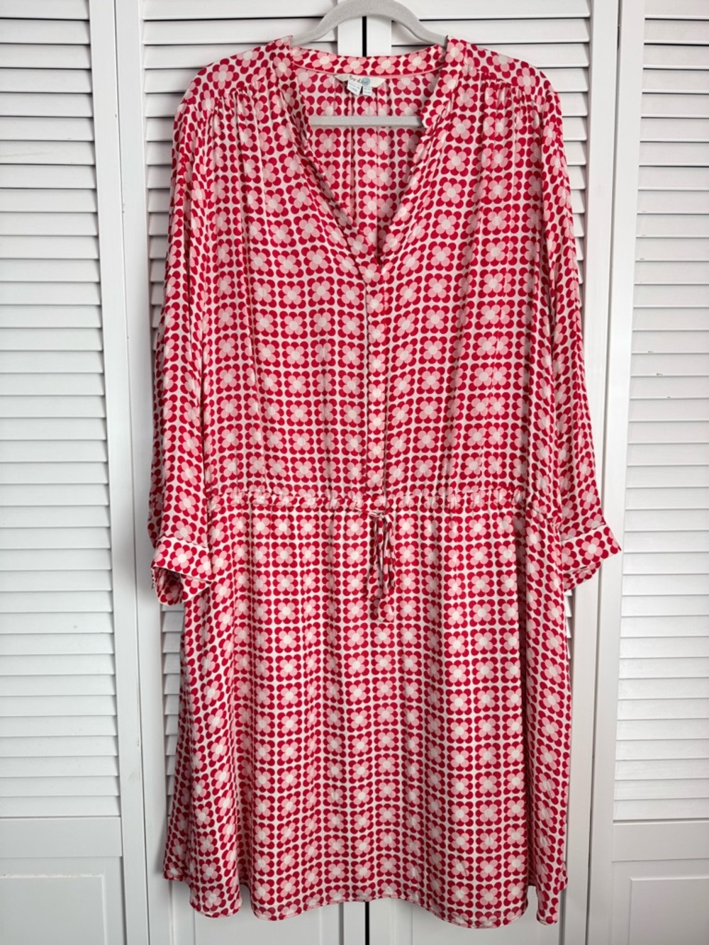 Boden Silk Tie Waist 3/4 Sleeve Shirt Dress White Red Relaxed Fit Size 18L